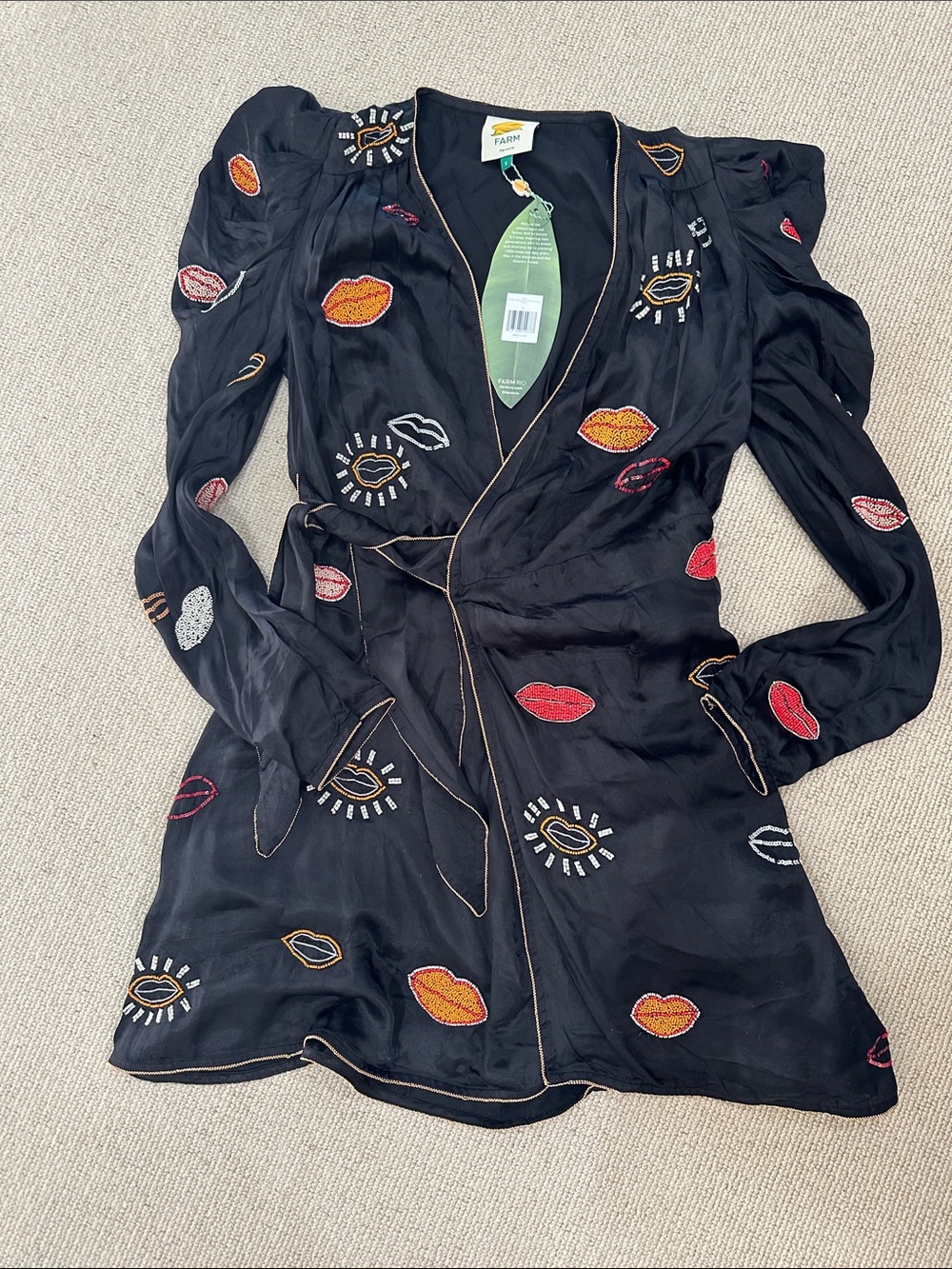 Farm Rio  Black Wrap Dress with Embroidered Lips sz small beaded kisses